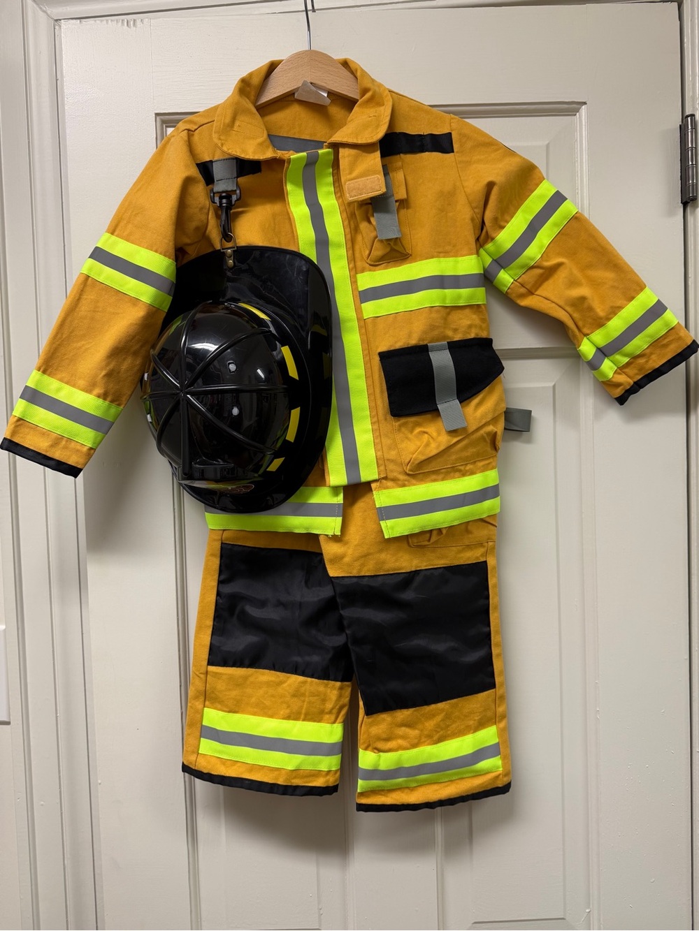 Kids Yellow Firefighter Costume Set with Black Helmet - Classic Rescue Outfit